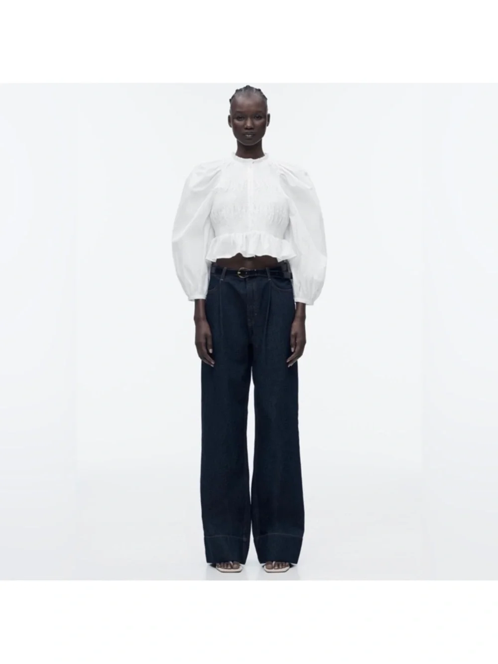 Zara White Smocked Ruffle Hem Puff Sleeve Blouse